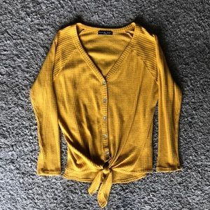 Long Sleeve Tie Front Waffle Knit